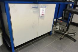 Steel frame workbench with twin door cupboard, approx 2m length (contents excluded)