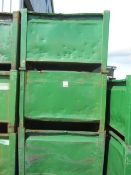 Four metal forkliftable stacking storage bins, approx. size 48"x48"x34", excluding contents