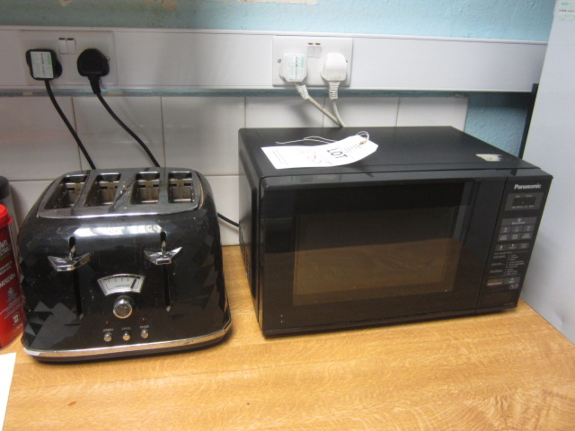 Two Panasonic microwaves, 4 slice toaster, kettle