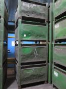 Four metal forkliftable stacking storage bins, approx. size 48"x48"x34", excluding contents