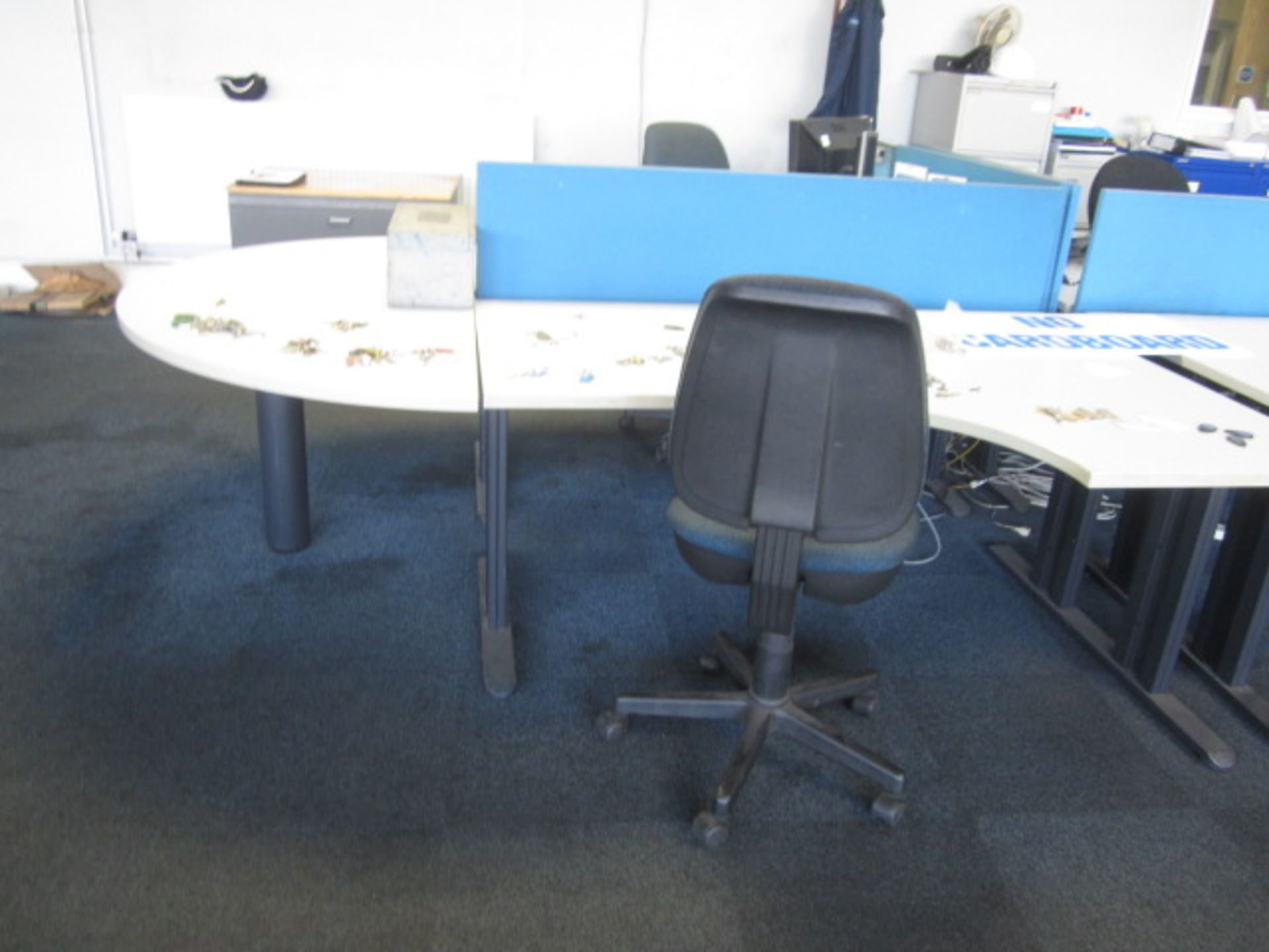 Two grey melamine corner workstations, one table, one semi circle end section, under desk - Image 3 of 3