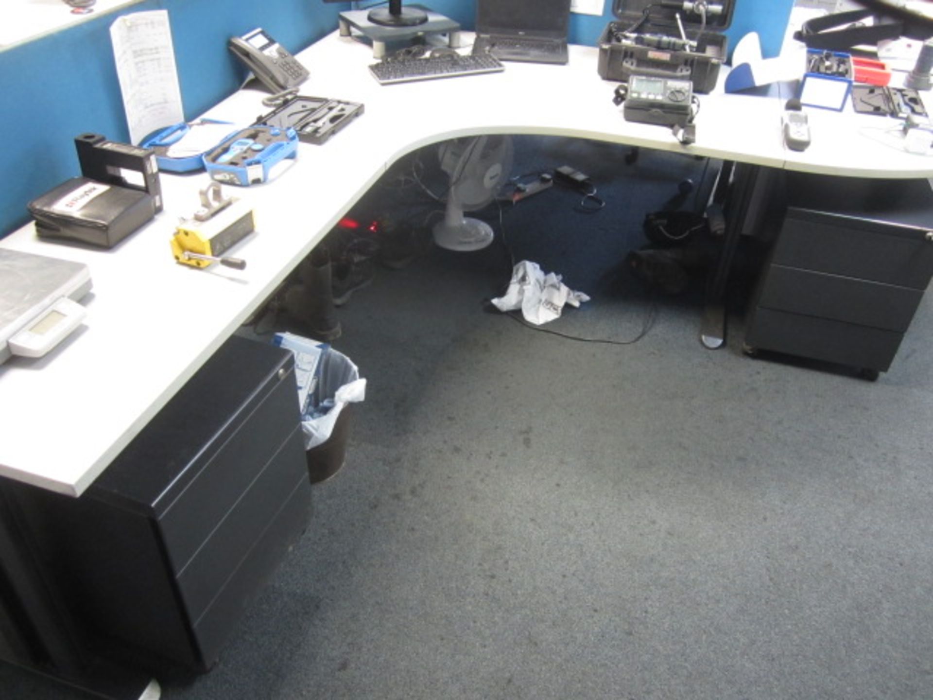 Two grey melamine corner workstations, one semi circle end section, one table with under desk - Image 3 of 3