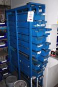 Steel framed multi pull oval bin storage rack & contents to include sockets & bolts etc.