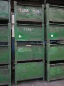 Four metal forkliftable stacking storage bins, approx. size 48"x48"x34", excluding contents