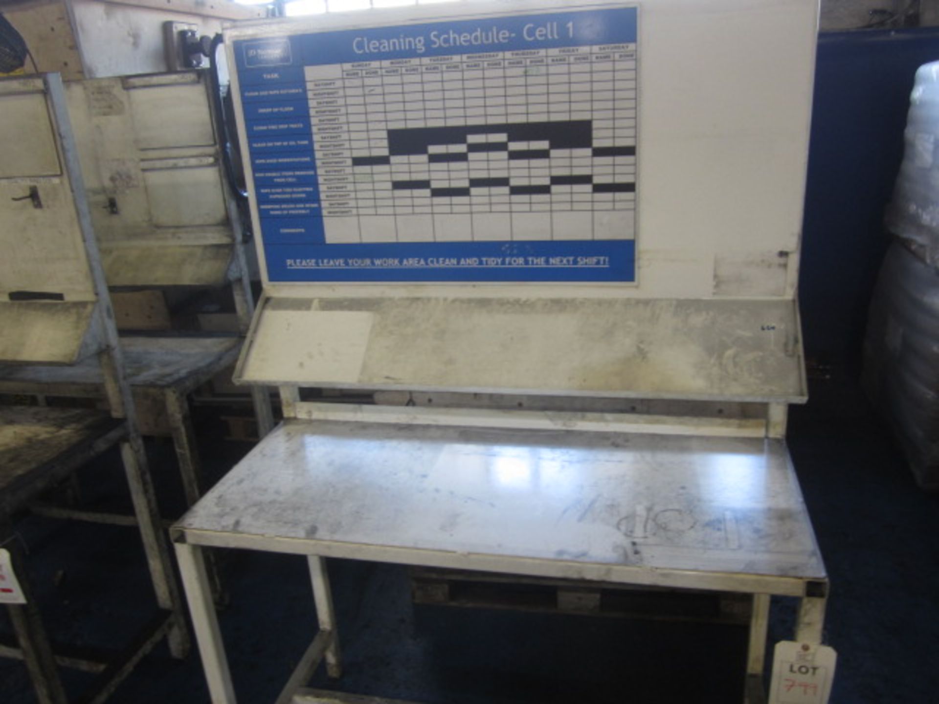 Three metal workbenches with upper shelf, 1280 x 580mm x H 1.9m, two 1100 x 550 x H 1830mm, two - Image 2 of 5
