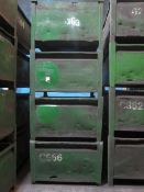 Four metal forkliftable stacking storage bins, approx. size 48"x48"x34", excluding contents