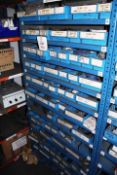 Single bay of 13 shelves of stock to include bearings, sleeves, bushes, and elements etc. (please