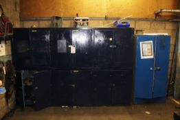 Steel framed 6 twin door storage cabinets, 3000 x 2000 x 600mm, and a twin door filing cabinet (