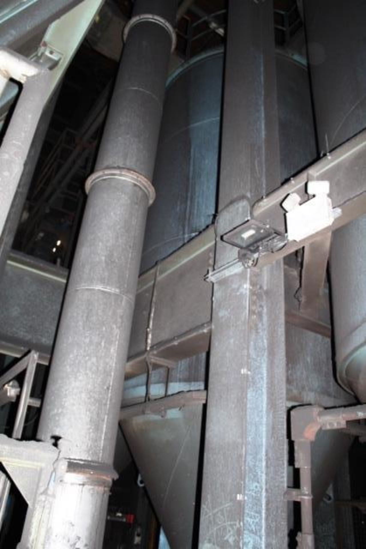 Two steel frame cylindrical holding silos, approx 2.5m dia x 5m high, mounted on steel support - Image 4 of 5