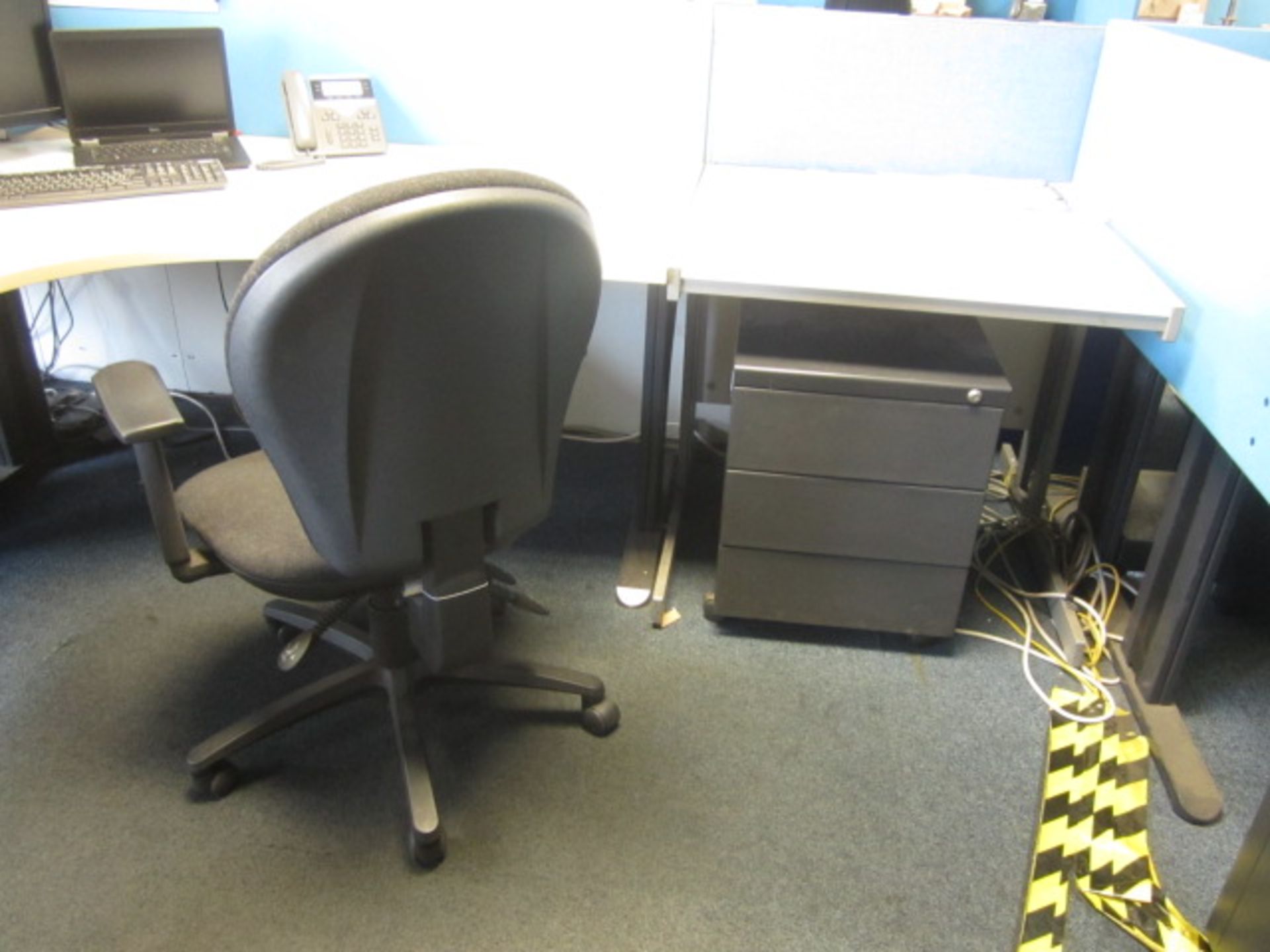 Grey melamine corner workstation, two tables, under desk pedestal, upholstered chair - Image 2 of 3