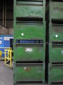 Four metal forkliftable stacking storage bins, approx. size 48"x48"x34", excluding contents