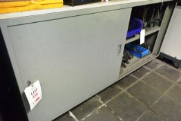 Steel twin sliding door storage cupboard (contents excluded), approx 1.8m length