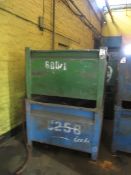 Four metal forkliftable stacking storage bins, approx. size 48"x48"x34", excluding contents