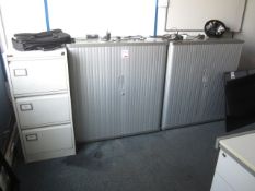 Two tambour fronted half height storage cupboards, metal 4 drawer filing cabinet