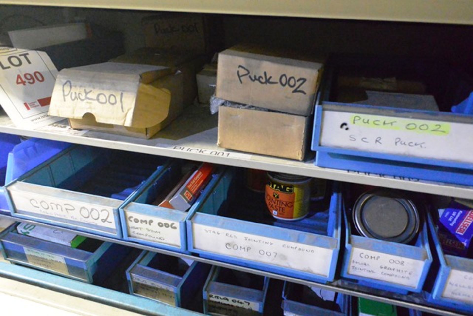 Contents of shelf no. 5 to include various plastic and joisting compounds, SCR pucks, staples, - Image 2 of 4