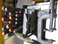 Assorted screwdrivers, spanners, three G clamps