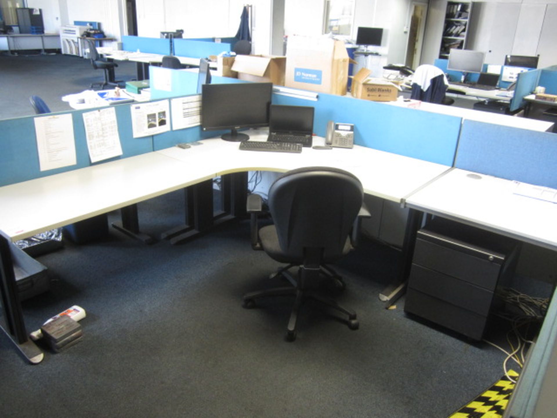 Grey melamine corner workstation, two tables, under desk pedestal, upholstered chair