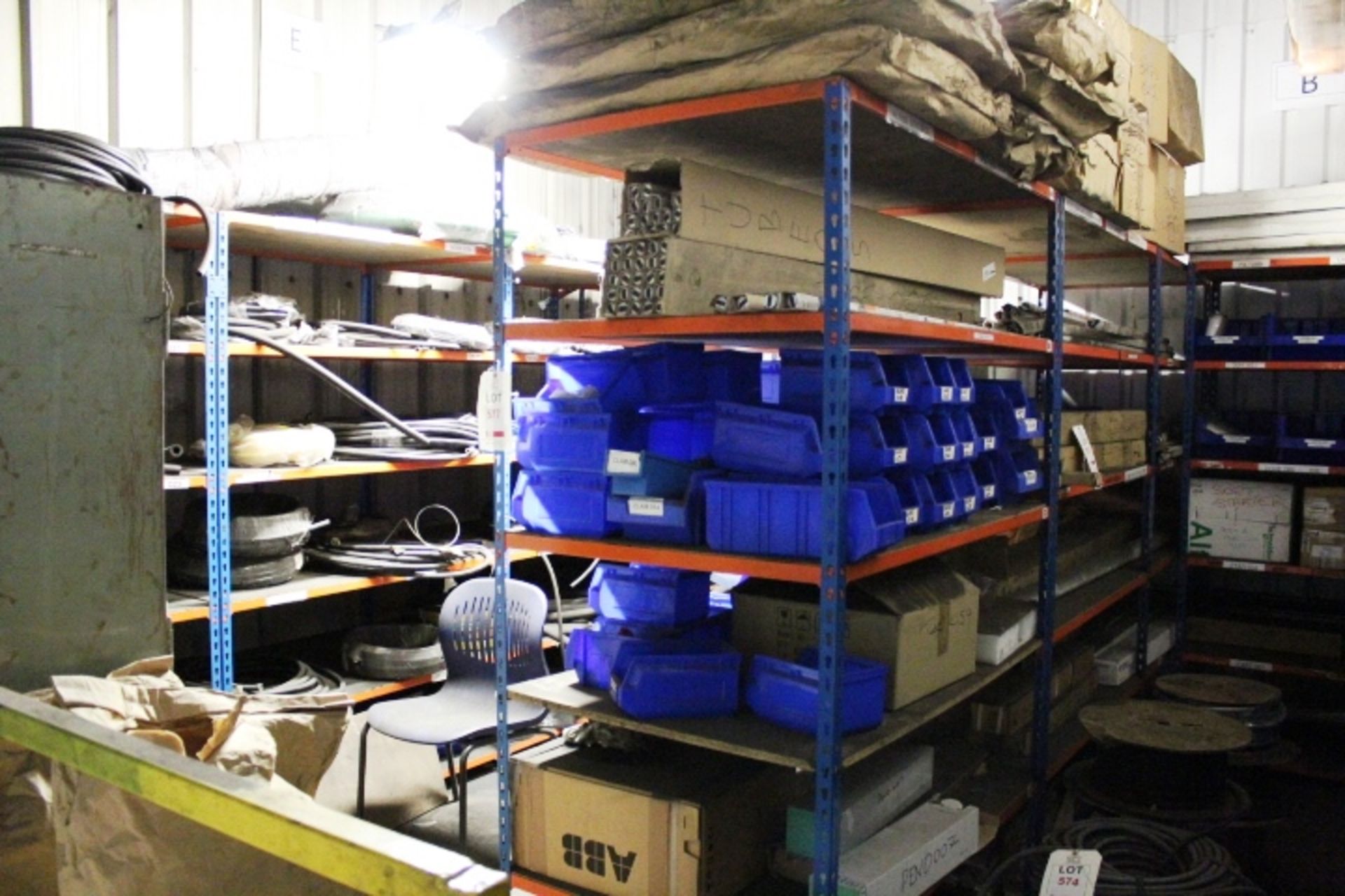 Eight assorted bays of orange & blue adjustable stores racking, 1220 x 780 x 2000mm, excluding