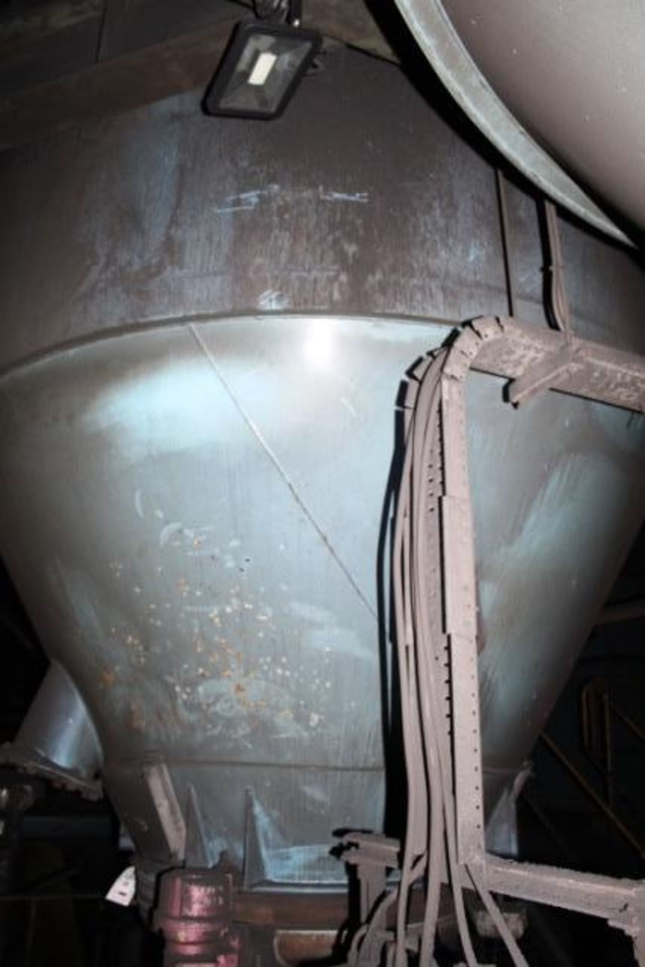 Two steel frame cylindrical holding silos, approx 2.5m dia x 5m high, mounted on steel support - Image 2 of 5