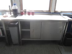 Stainless steel work table with under storage cupboard, waste hole, approx. size 1.8m x 600mm x H