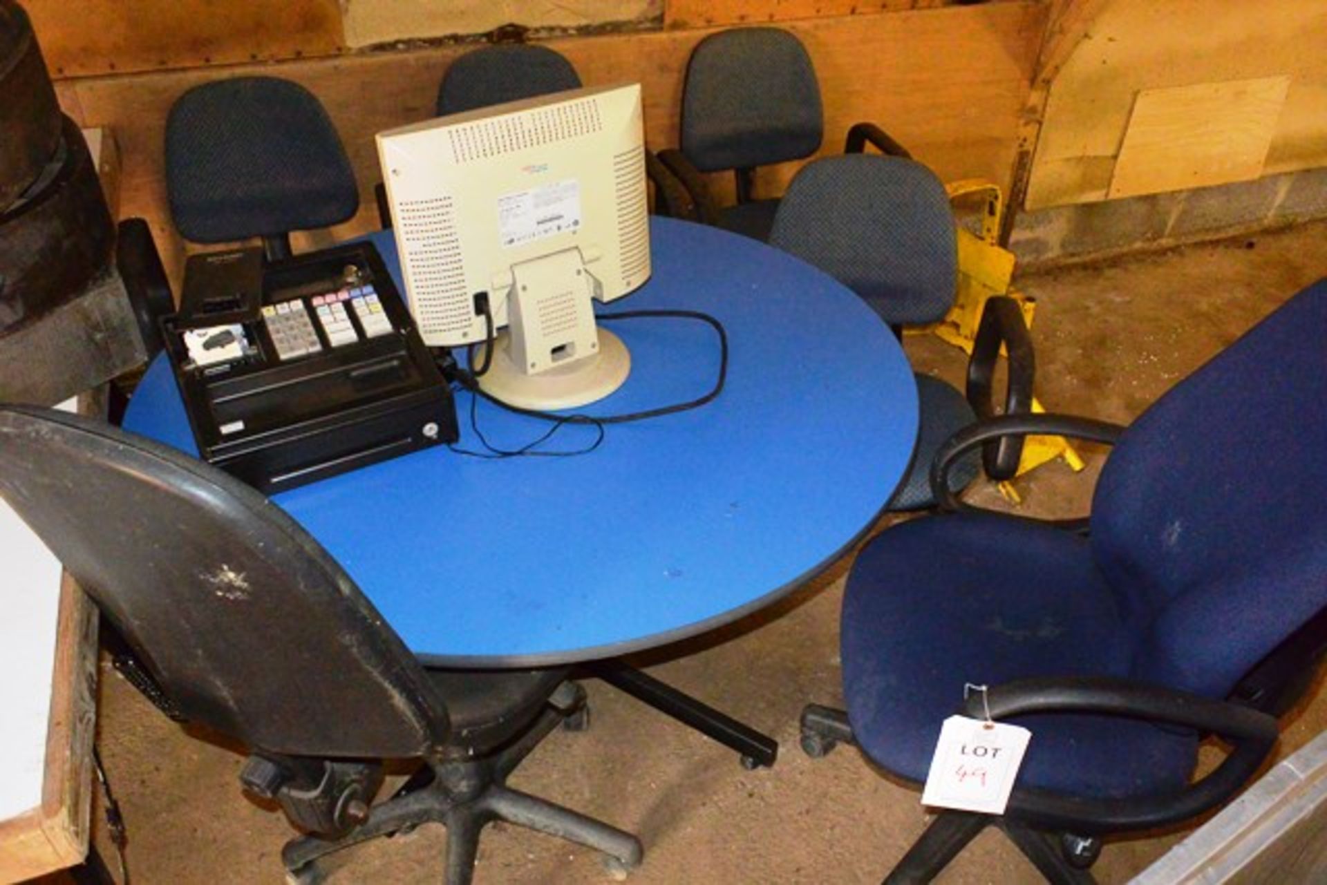 Blue circular table, approx 1.5m dia and 6 various cloth upholstered chairs, includes out of