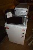 Blomberg undercounter refrigerator, Igenix microwave and tower kettle