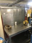 1530mm x 740mm x 900mm stainless steel topped workbench with plastic storage bin rack back panel and