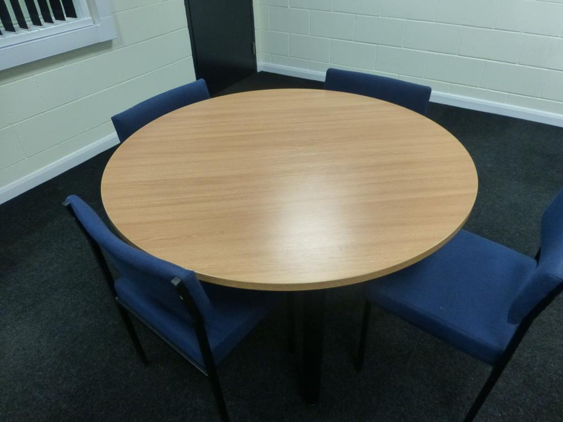 Cherry effect 1200mm x 600mm office table, cherry effect 1.2m diameter circular table and 6 blue