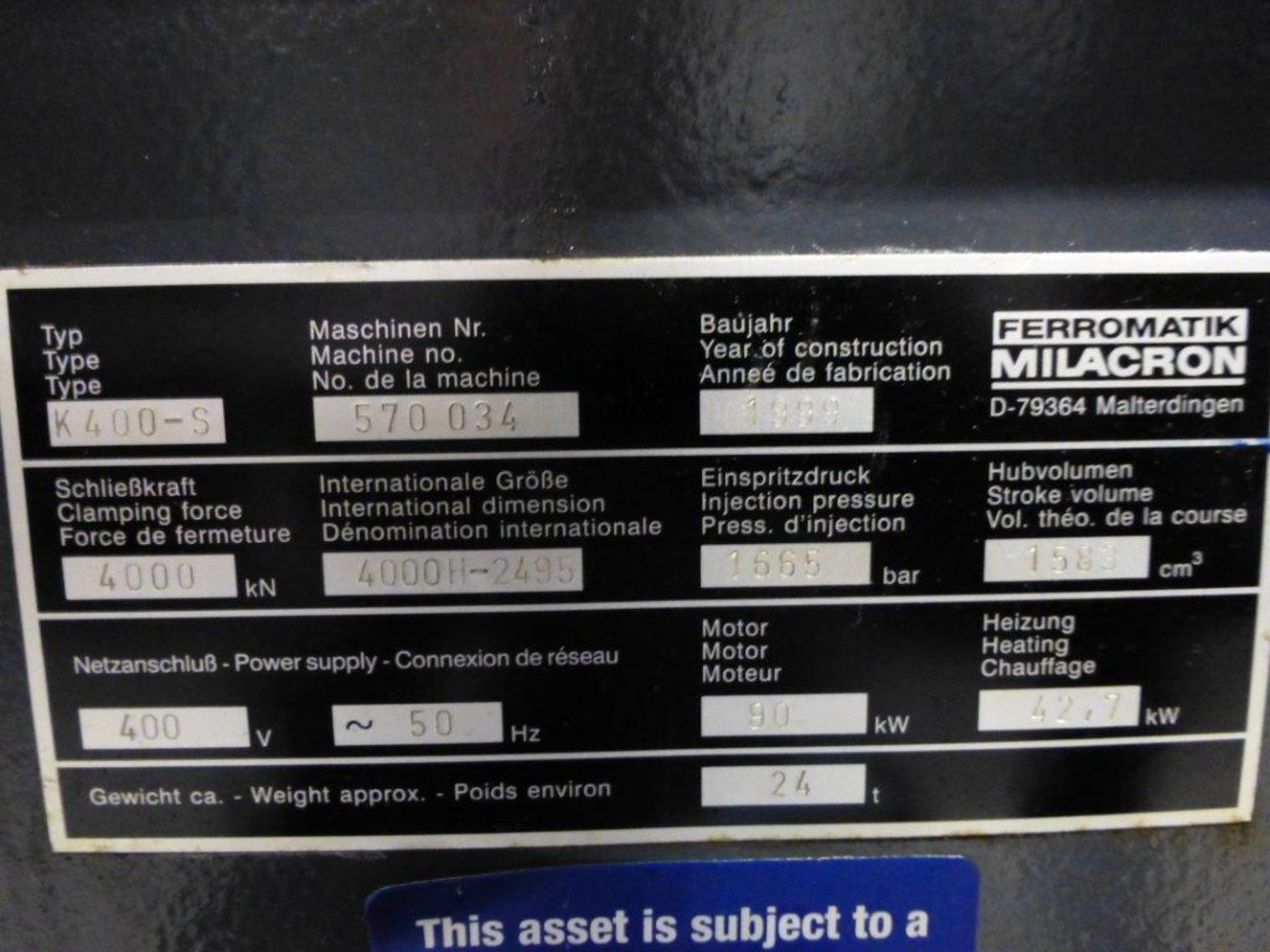 Ferromatik Milacron K 400-S CNC Plastic Injection Moulding Machine Serial No. 570034 (1999) 4000kN - Image 7 of 7