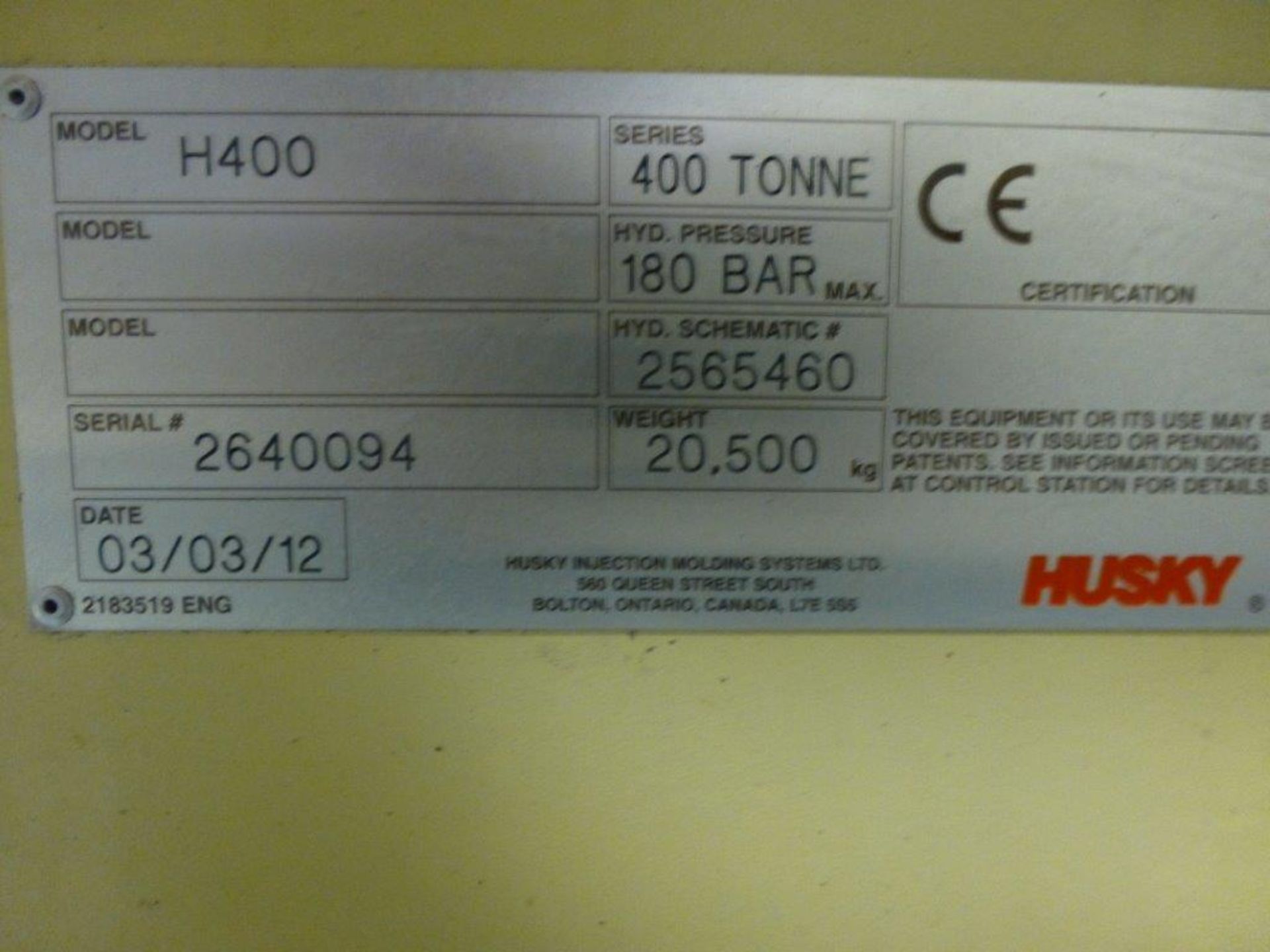 Husky H400 RS115 1200 CNC plastic injection moulding machine Serial No. 2640094 (2003) with 400 - Image 6 of 6