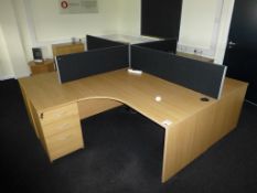 4 cherry effect 1600mm x 1200mm workstation with 4 matching 3 drawer pedestals and 4 x 400mm high
