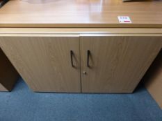 2 light oak effect double door cupboards and 2 office tables