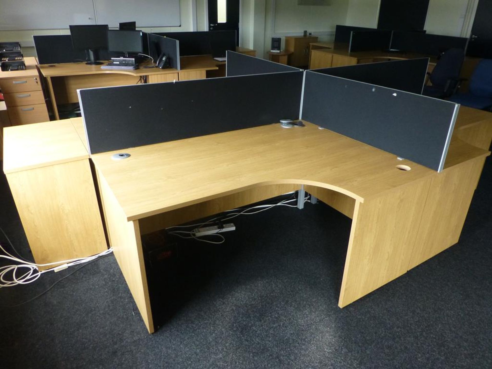 4 cherry effect 1600mm x 1200mm workstations with 1 matching 3 drawer pedestal and 4 x 400mm high