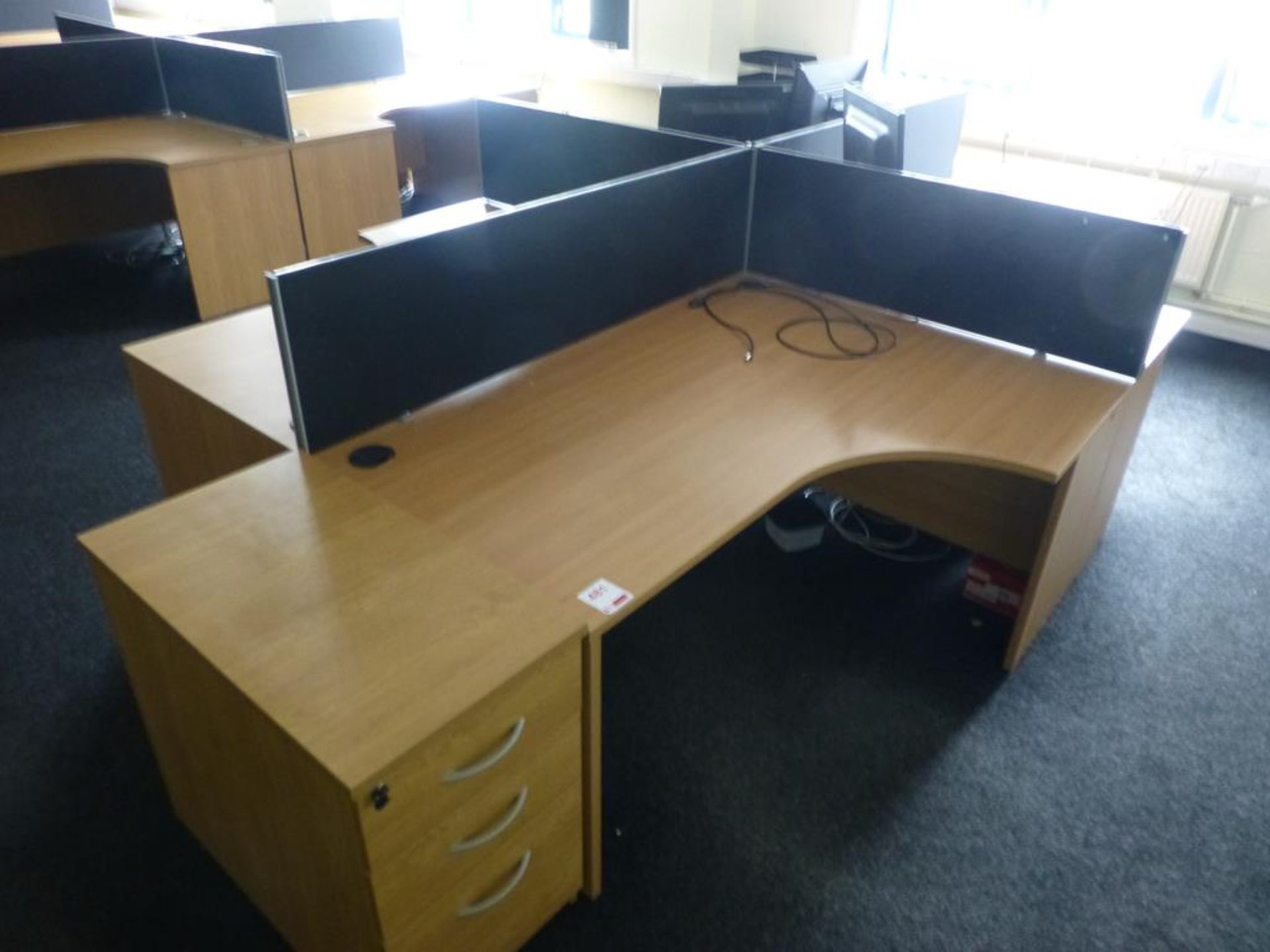4 cherry effect 1600mm x 1200mm workstation with 3 matching 3 drawer pedestals and 4 x 400mm high