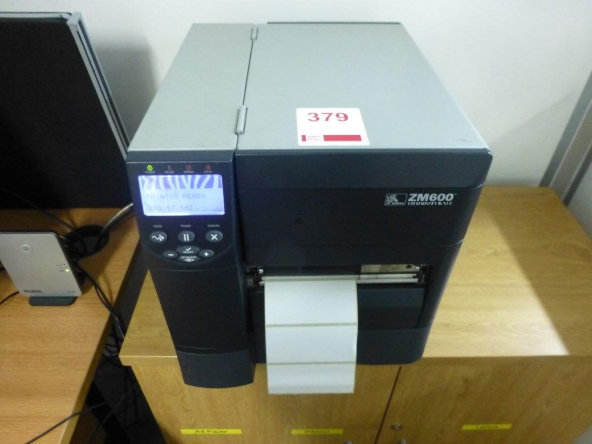 Zebra ZM600 label printer, serial No 08J132900195, configuration ZM600-200E-000T