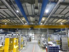 Morris 8 tonne 30.58m span single beam travelling pendant controlled overhead crane with, 50m