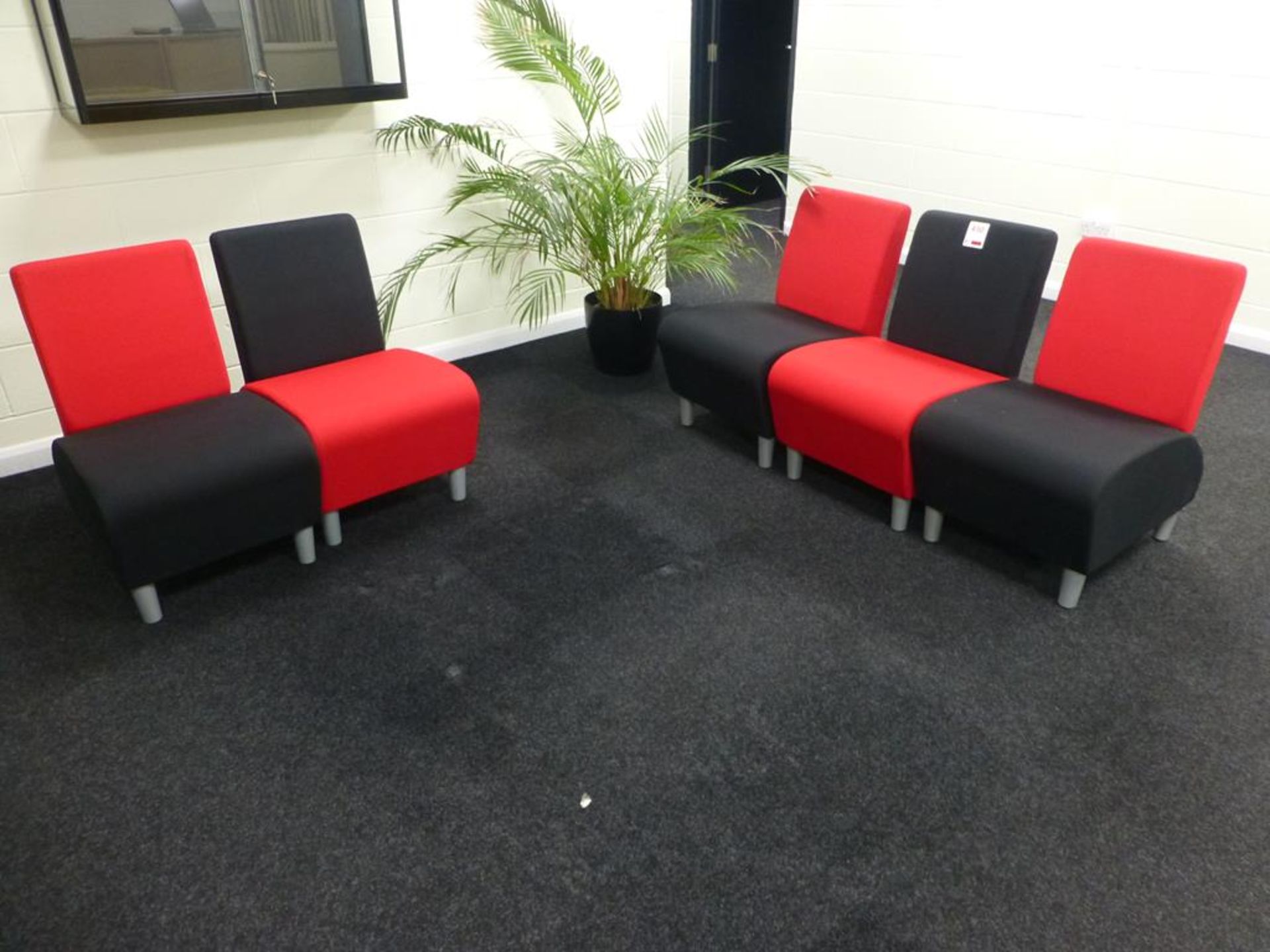 5 red/black fabric upholstered reception chairs