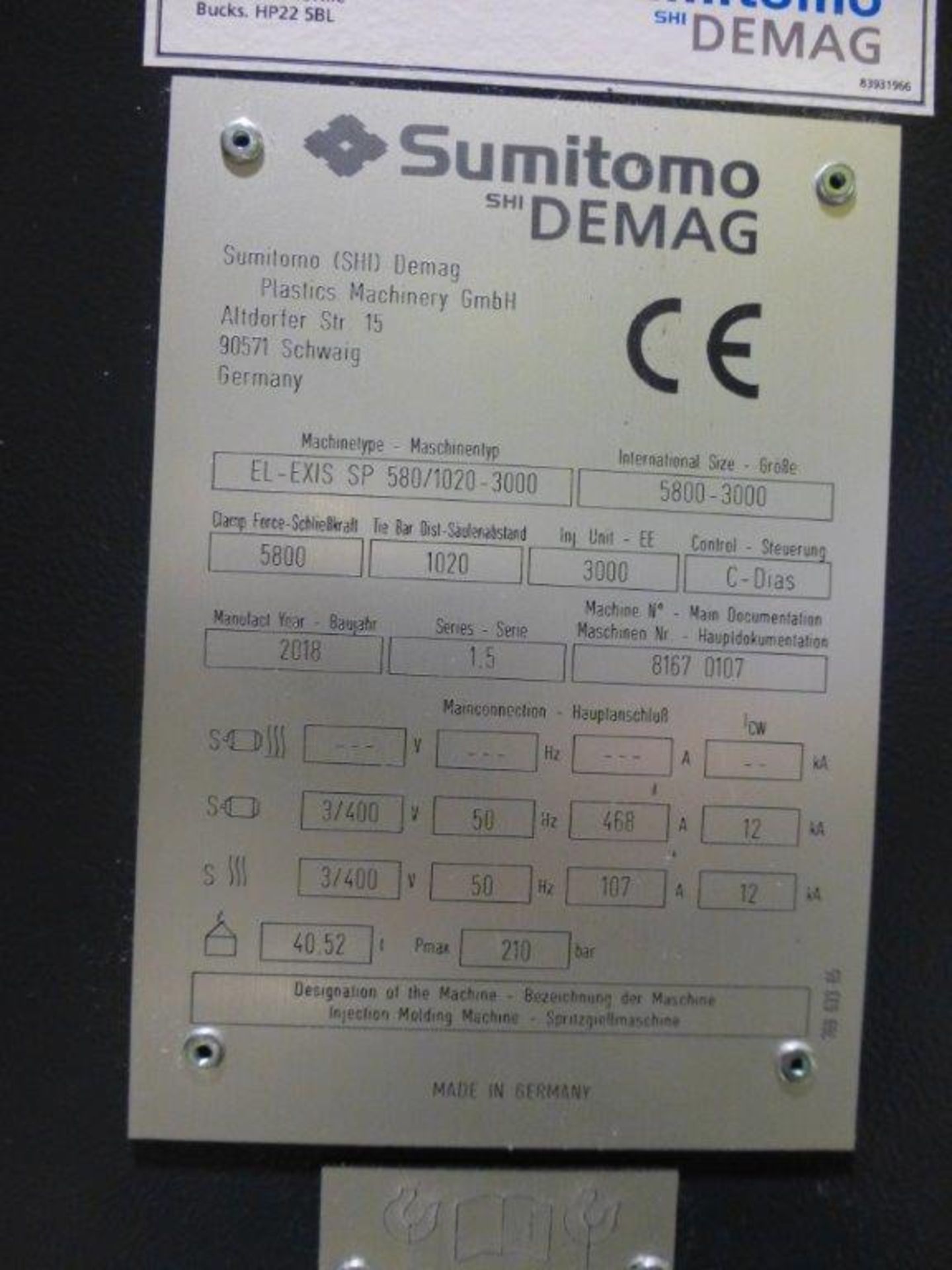 Sumitomo- Demag EL-EX15SP 580/1020-3000 CNC Electric Plastic Injection Moulding Machine Serial No: - Image 10 of 11