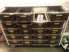 2 1350mm x 450mm x 1000m mobile 20 position plastic storage bin racks with 28 brown plastic