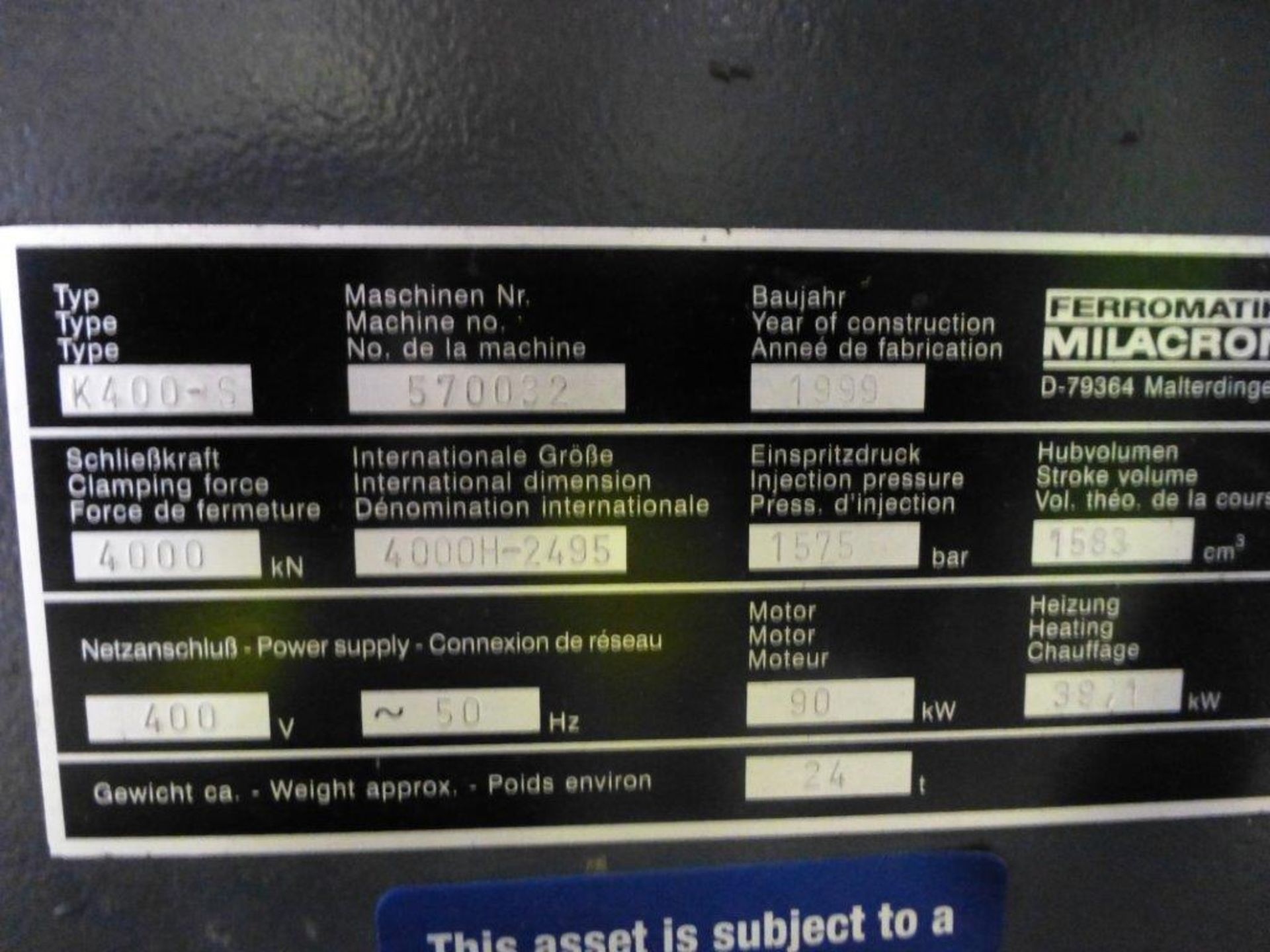 Ferromatik Milacron K 400-S CNC Plastic Injection Moulding Machine Serial No. 570032 (1999) with - Image 7 of 7