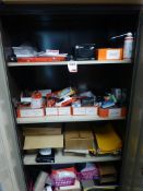 1.8m high steel double door cupboard with contents, mainly stationery and office sundries