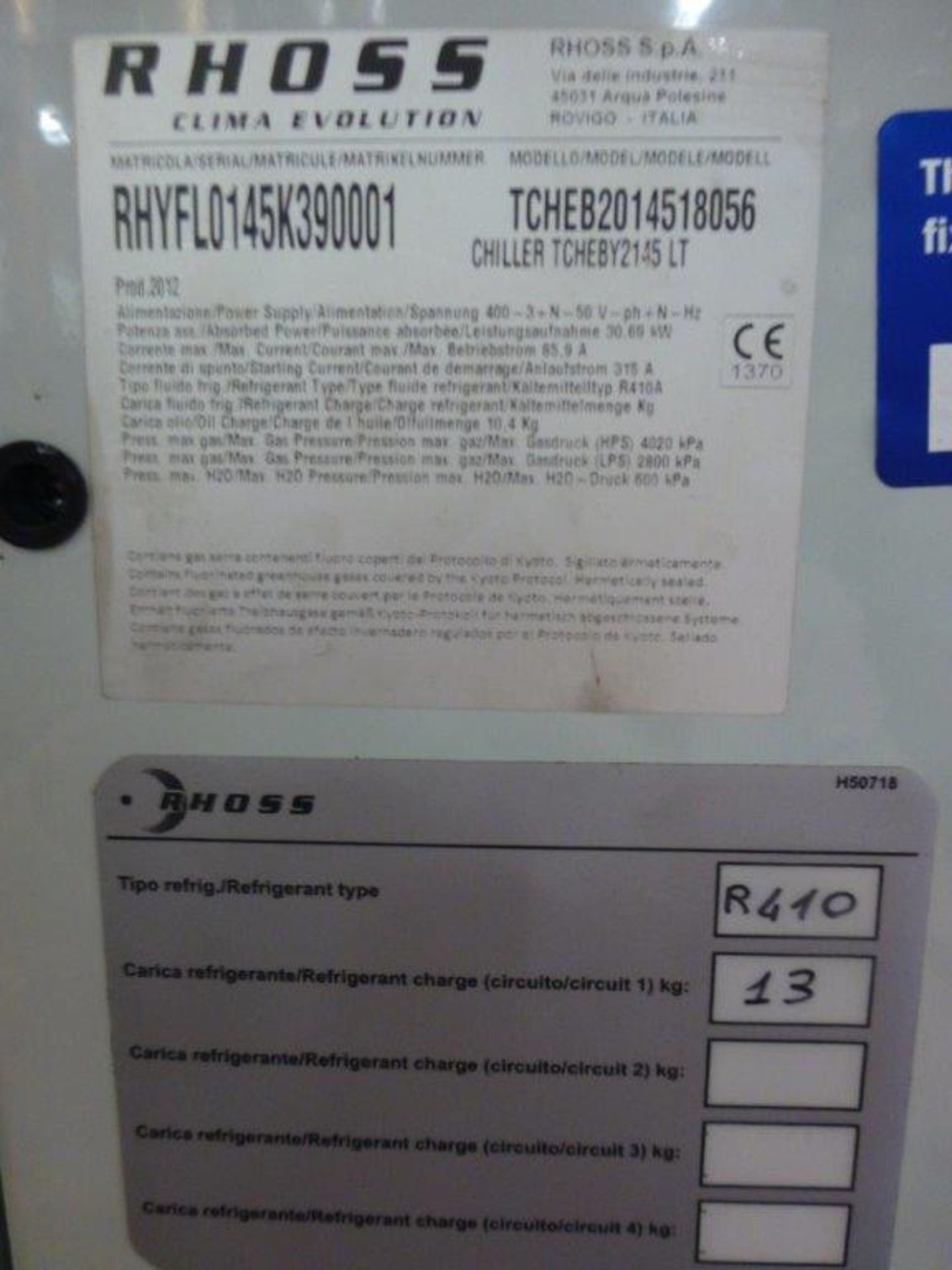 Rhoss Clima Evolutiion TCHCB2014518056 water chiller, serial No RHYFL0145K390001, (2012) Chiller - Image 3 of 3