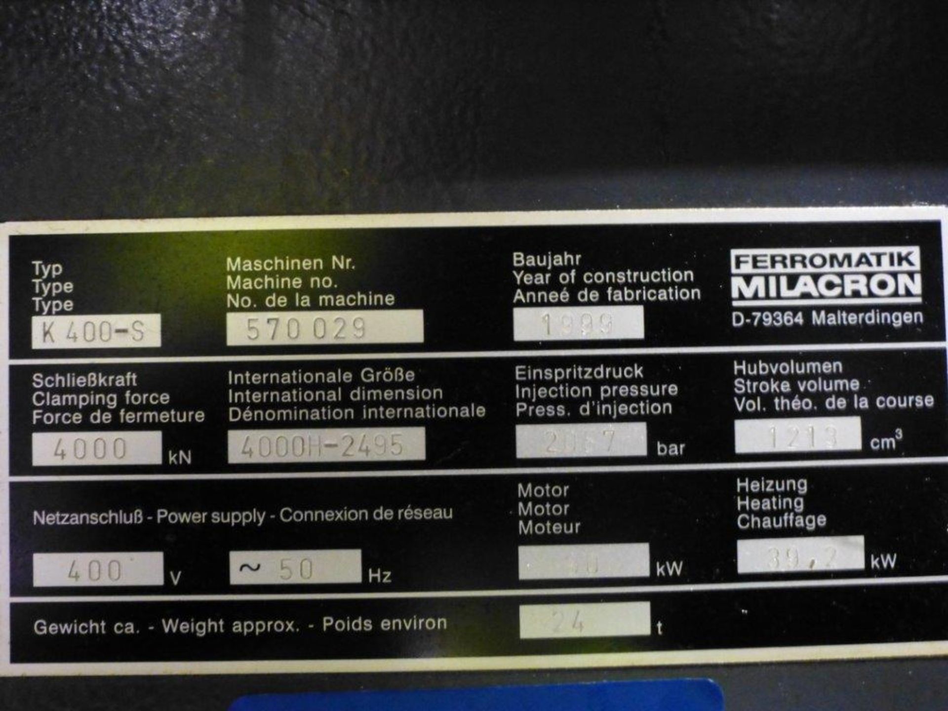 Ferromatik Milacron K400-S CNC plastic injection Moulding Machine Serial No. 570029 with 4000kN - Image 5 of 5