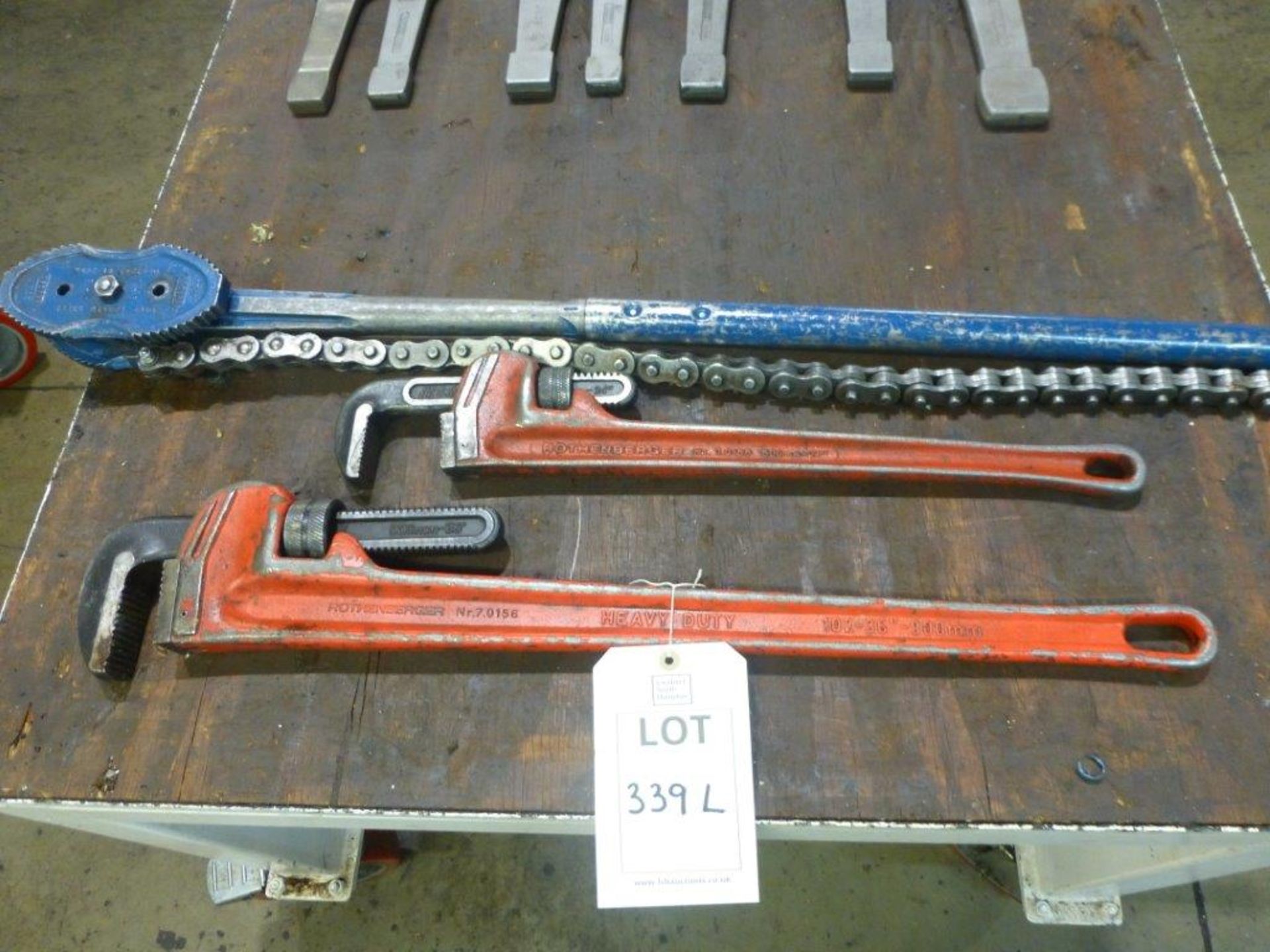 Rothenberger 36" pipe wrench, Rothenberger 24" pipe wrench and a Record 234C chain pipe wrench