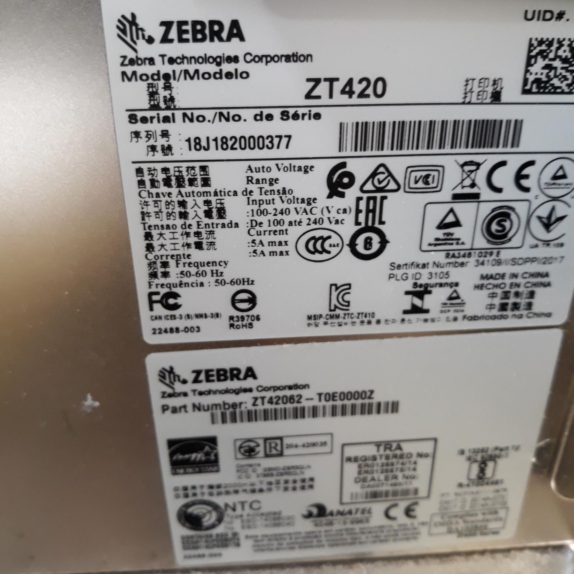 Zebra ZT420 label printer, serial No 18J182000377 - Bild 2 aus 2