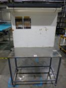 Stainless steel topped 1200mm x 550mm x 920mm work table with back panel and overhead lighting