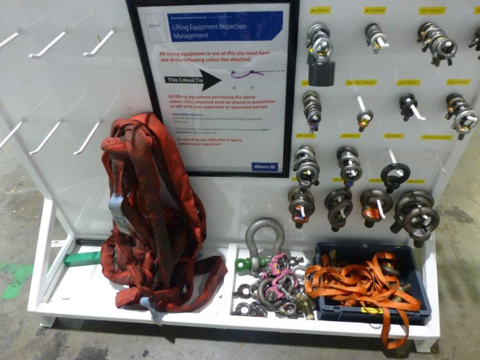Quantity of lifting shackles, D-links, lifting eyes and slings on steel storage stand. Please note: - Image 2 of 3