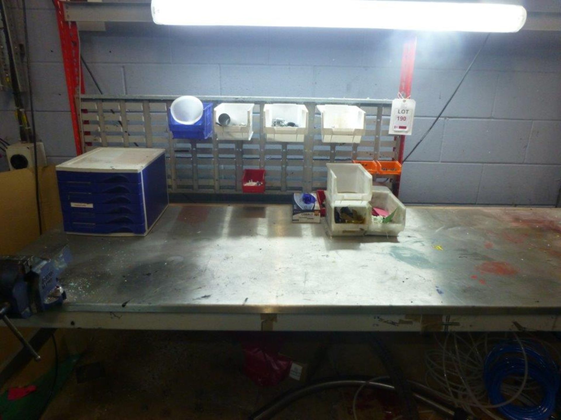 2450mm x 920mm x 920mm 2 tier steel topped workbench with overhead lighting and plastic bin rack