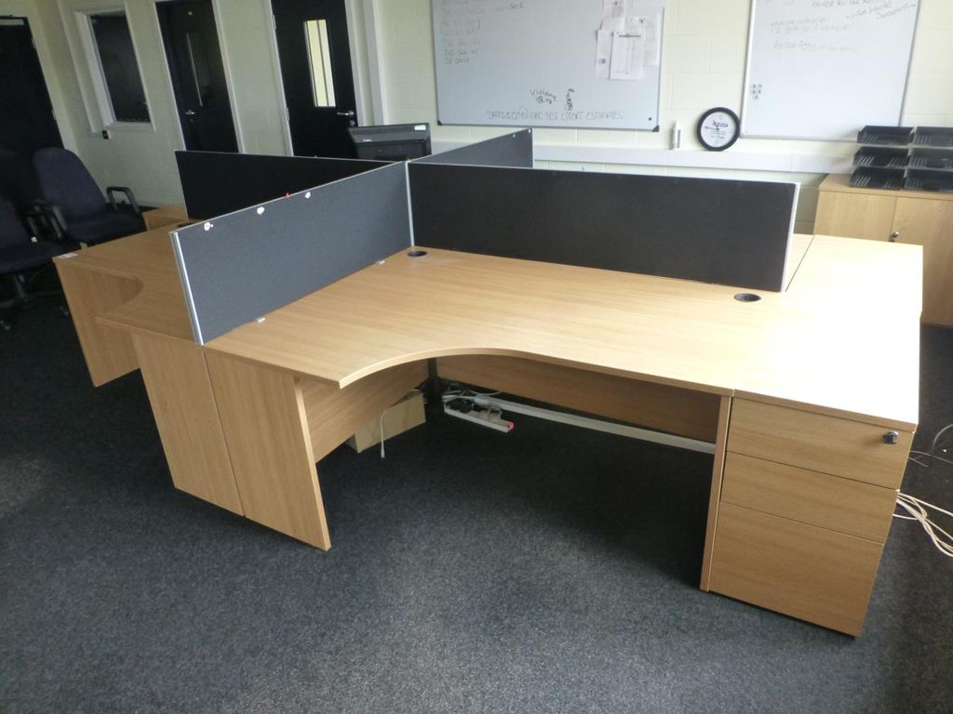 4 cherry effect 1600mm x 1200mm workstations with 3 matching 3 drawer pedestals and 4 x 400mm high