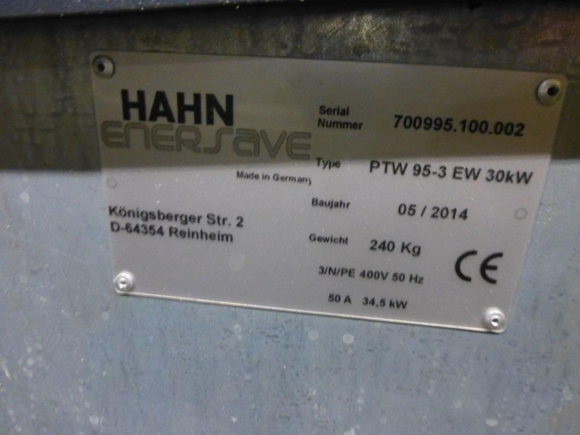 Hahn Enersave PTW-95-3EW 30kW, temperature control unit, serial no 700995.100.002 (2014) (A Risk - Image 3 of 3